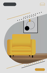 advertising banner with yellow soft armchair. upholstered furniture advertising brochure in flat style