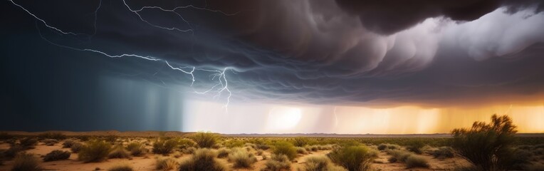 Naklejka na ściany i meble Dramatic Desert Thunderstorm: A Natural Phenomenon to Behold, Storm in Desert, GENERATIVE AI