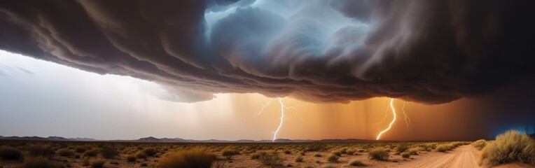 Naklejka na ściany i meble Dramatic Desert Thunderstorm: A Natural Phenomenon to Behold, Storm in Desert, GENERATIVE AI