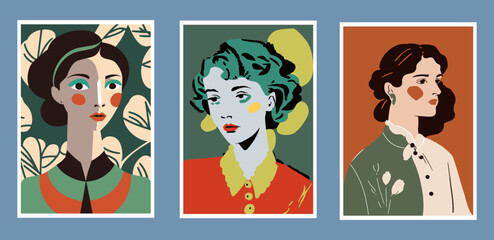 Set of vector illustrations with portraits of beautiful women in retro style.