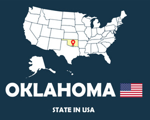 Fototapeta na wymiar Oklahoma state of USA text design with America flag and white silhouette map.