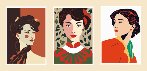 Vector set of illustrations with beautiful women in retro style. Retro style.