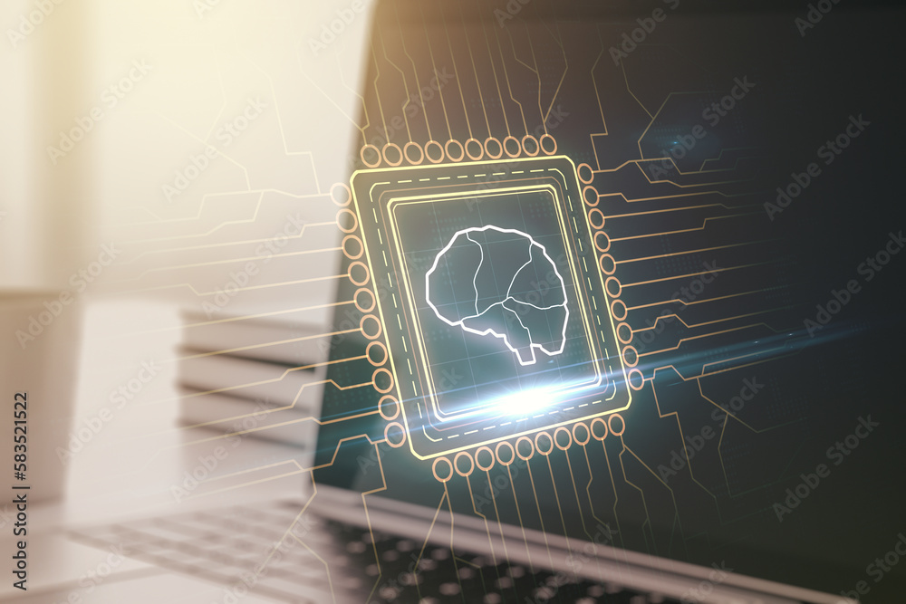 Aufkleber double exposure of creative artificial intelligence symbol with modern laptop on background. neural 