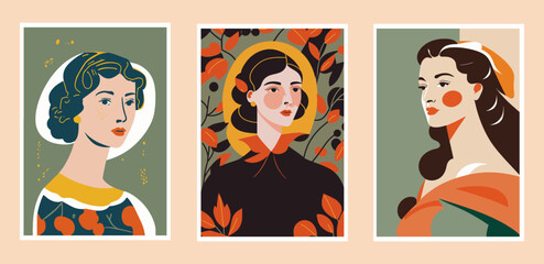 Set of three cards with portraits of beautiful women. Vector illustration.