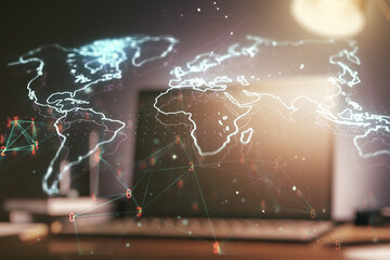 Abstract creative digital world map on modern computer background, globalization concept. Multiexposure