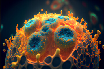 Human cells under microscope, generative ai illustration
