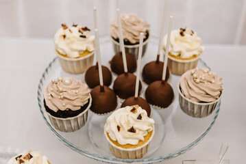 Sweets. Candy bar with desserts for celebrating birthday, baptism, wedding. Top view.