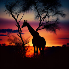 giraffe in sunset, african savanna illustration