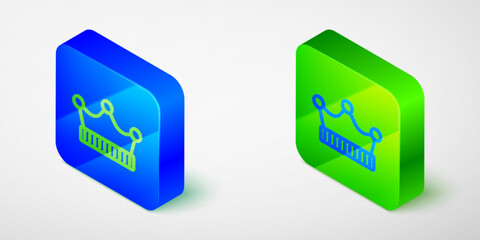 Isometric line King crown icon isolated grey background. Blue and green square button. Vector