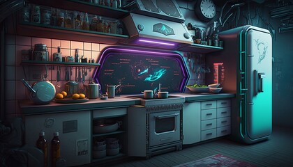 Futuristic cyberpunk kitchen interior with metal walls,  cabinet and neon lights. Generative AI