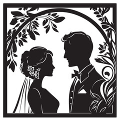 Wedding, young couple of lovers, just married black vector stencil template for laser cnc cutting.
