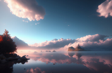 Photo of a serene mountain lake with a solitary tree in the foreground