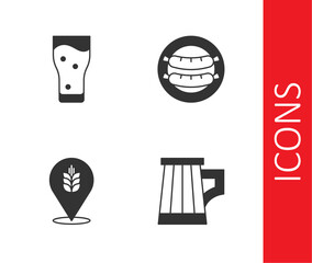 Set Wooden beer mug, Glass of, Wheat and Sausage icon. Vector