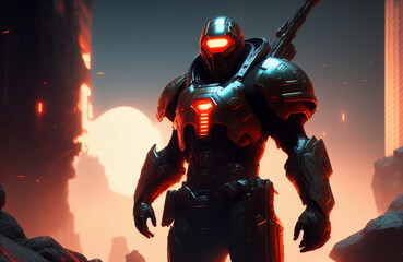 Fototapeta premium illustration of a soldier armed with firearms and armor