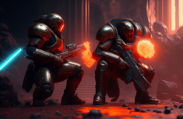 Fototapeta premium illustration of a soldier armed with firearms and armor