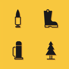 Set Bullet, Tree, Thermos container and Waterproof rubber boot icon with long shadow. Vector