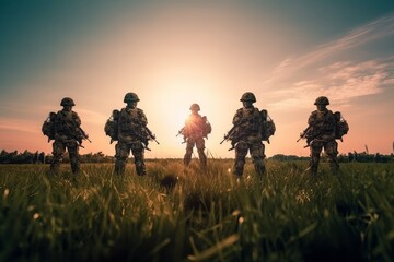 Group of soldiers in the sunset. Generative AI