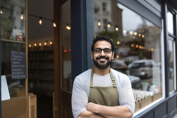 A small business owner wearing an apron stood outside their shop. Generative ai