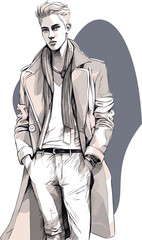 Stylish handsome man in fashion clothes. Fashion man. Hand drawn male model.