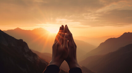 Divine Presence in Nature: Hands Raised in Devotion during Sunset , generated by IA - obrazy, fototapety, plakaty