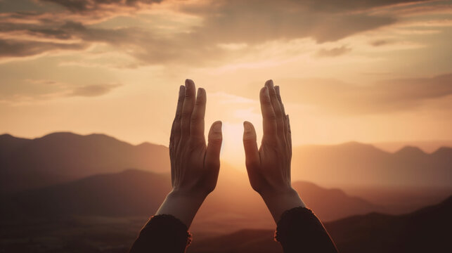 Connection with God: Hands Raised in Prayer against Purple Sky and Mountains , generated by IA