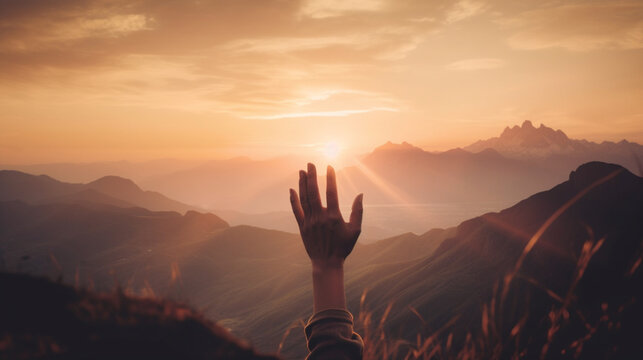 Praise and Worship: Human Hand Reach for the Divine in Mountainous Landscape, generated by IA