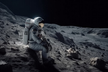 Astronaut Relaxing in Space: Embark on a Science Fiction Adventure with Lone Explorer in Blue Space Suit Sitting on Moon Rock Chair, Gazing at Planet and Stars Futuristic Technology Illustration
