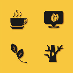 Set Coffee cup, Bare tree, Leaf and Location with leaf icon with long shadow. Vector