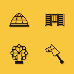Set Playground climbing equipment, Toy horse, Ferris wheel and Swedish wall icon with long shadow. Vector