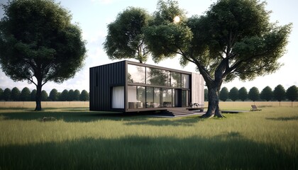 Modern luxury container house on a grassy filed with trees. Generative AI