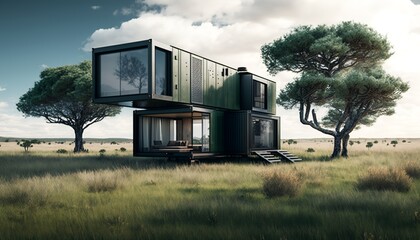 Modern luxury container house on a grassy filed with trees. Generative AI