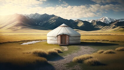 Traditional mongolian yurt in the sunshine on a grassy filed with mountains in the background. Generative AI