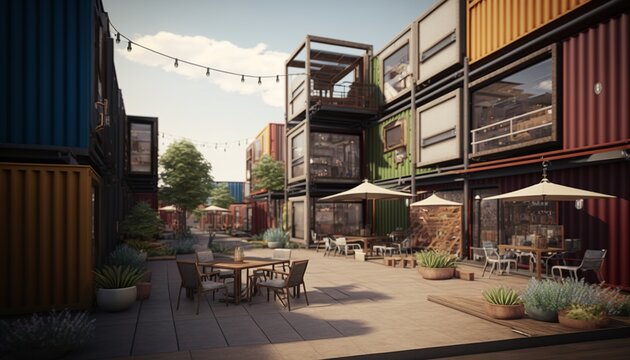 Futuristic container house city with street, square and shops. Generative AI