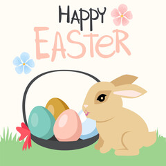 Easter eggs, festive attribute and decor. Bright different colored eggs with ornament and happy Easter handwritten lettering. Print for card, family holiday decor, greeting card, banner, invitation.