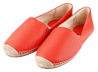 Red leather espadrilles without laces isolated on transparent background Full Depth of Field