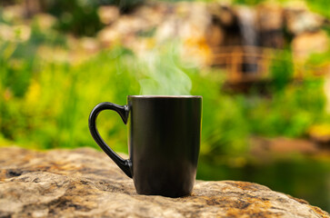 Fototapeta na wymiar Fresh Hot Coffee In Organic Garden