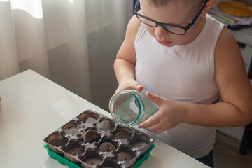 child planting seedlings in a greenhouse