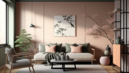 Japandi style pink powder colored living room interior with sofa and coffee table. Generative AI