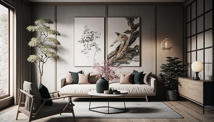 Japandi interior style living room with sofa and coffee table. Generative AI