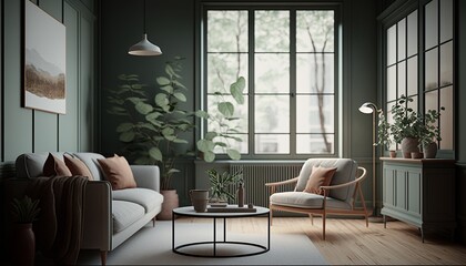 Japandi style green colored living room interior with sofa and coffee table. Generative AI