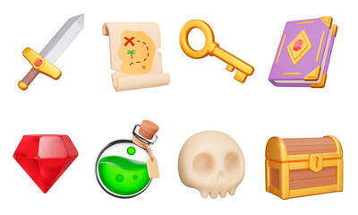 Magic adventure 3d icon set. Pirate treasure hunt, fantasy game Isolated icons, Adventures in a fantasy world, magical items. Sword, gem, potion, skull, chest, etc. objects on a transparent background - obrazy, fototapety, plakaty