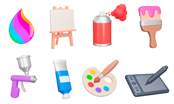 Art drawing, painting 3d icon set. Tools for drawing and creativity, Art activities. paint drop, canvas, spray can, paint brush, palette, drawing tablet. Isolated objects on transparent background