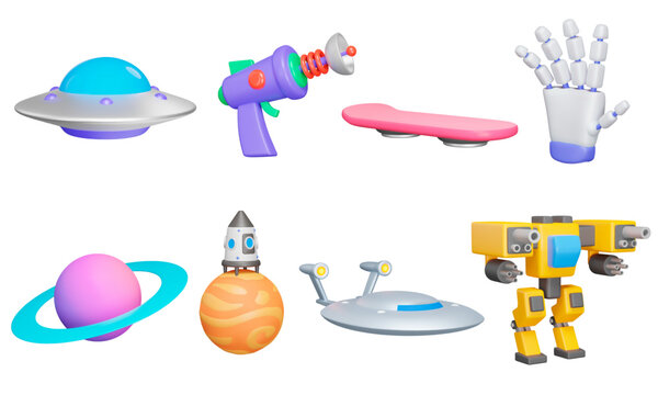 Sci-fi, future 3d icon set. Science fiction . Flying saucer aliens, space travel, plasma gun, robot, planet, spaceship, cyborg. Isolated icons, objects on a transparent background