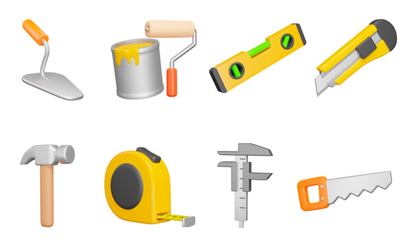 Repair Tools 3d icon set. Tools for construction. Worker equipment. Trowel, paint, ruler with level, utility knife, hammer, tape measure, compass, saw, Isolated objects on a transparent background