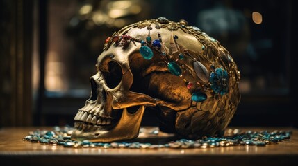 Gold painted dead skeleton king skull, adorned with precious gemstones and beads of diamonds, turquoise and amber with exotic feathers crown, closeup view - generative AI - obrazy, fototapety, plakaty