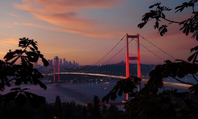 Fototapeta na wymiar Istanbul sunset from most famous and touristic destination Nation Park in Nakkastepe. 15th July Martyrs Bridge (15 Temmuz Sehitler Koprusu). Istanbul Bosphorus Bridge Romantic landscape Istanbul City.