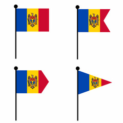 Moldova waving flag icon set in 4 shape versions. Collection of flagpole sign for identity, emblem, and infographic. 