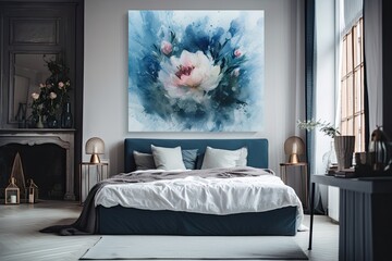 A real photo with copy space, a large, comfy bed with stylish blue bedding, a white fireplace entrance, and flowers in silver containers. Generative AI