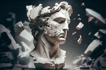 Broken ancient greek statue head falling in pieces. Broken marble sculpture, cracking bust, concept of depression, memory loss, mentality loss or illness. AI generated image. - obrazy, fototapety, plakaty