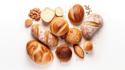 Composition with breads isolated on white table, top view. Generative AI